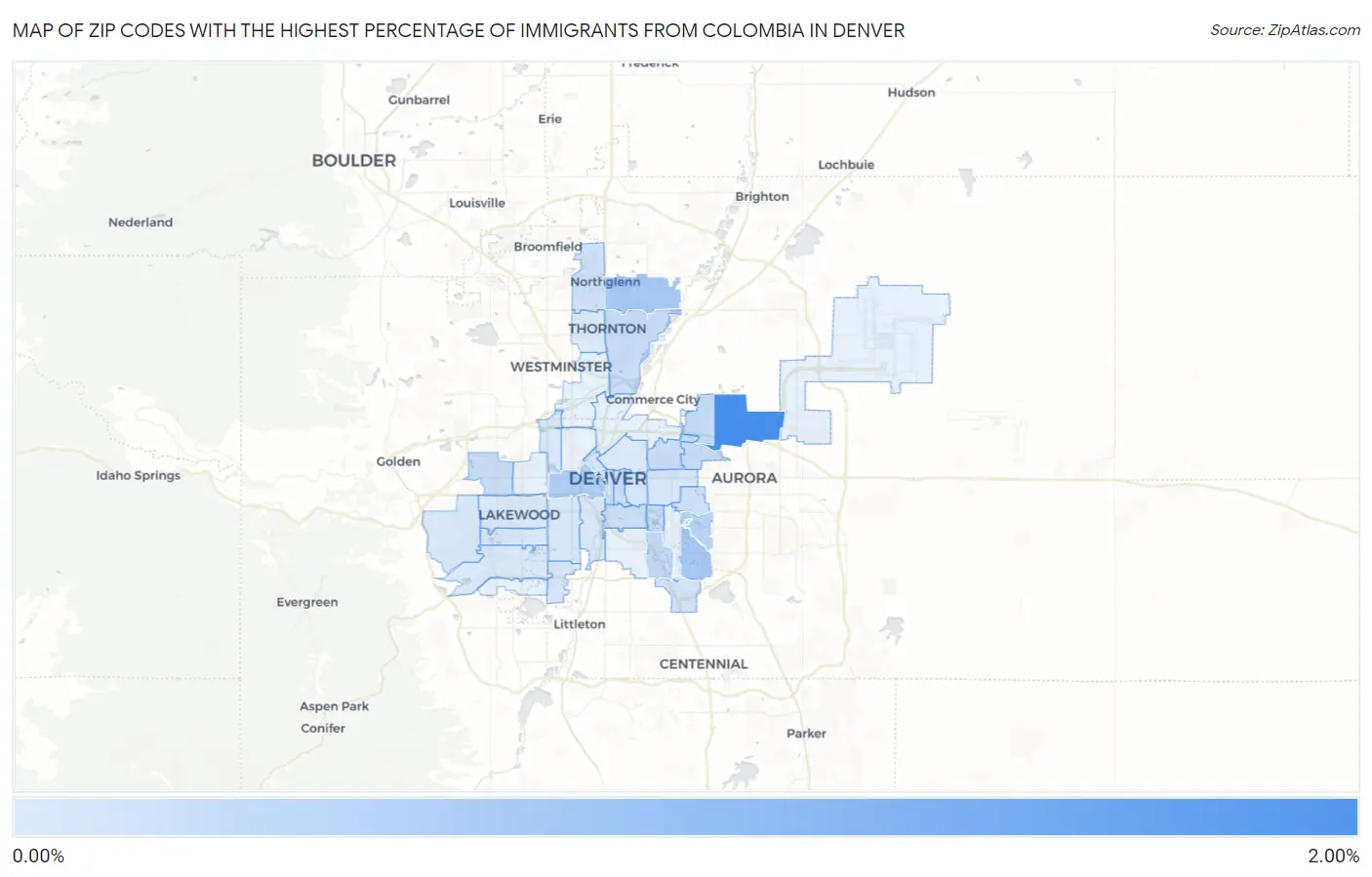 Zip Codes with the Highest Percentage of Immigrants from Colombia in Denver Map