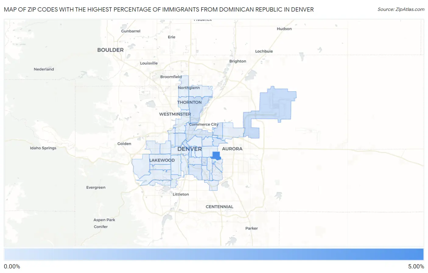 Zip Codes with the Highest Percentage of Immigrants from Dominican Republic in Denver Map