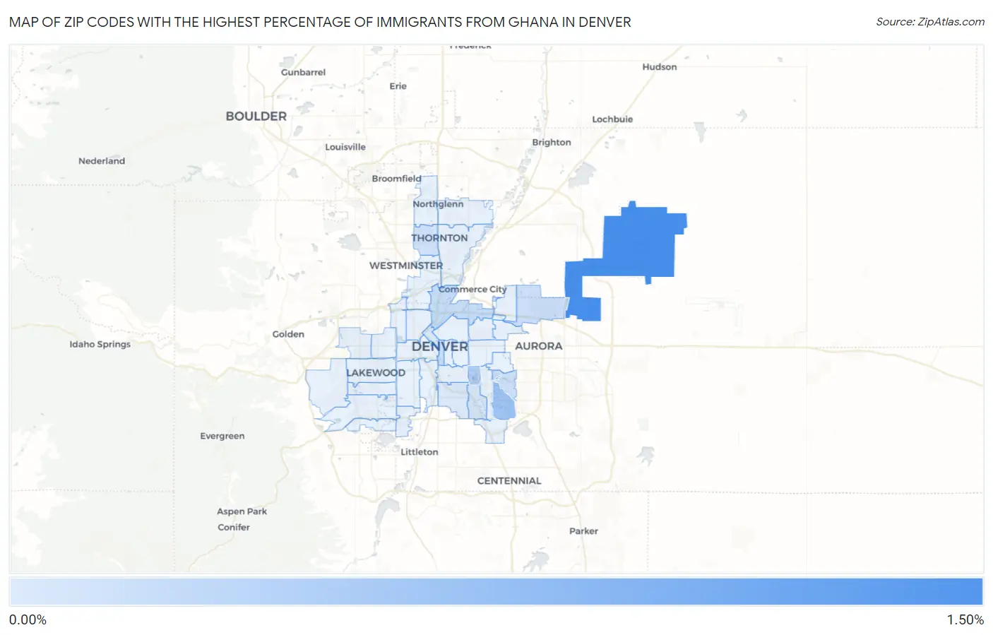 Zip Codes with the Highest Percentage of Immigrants from Ghana in Denver Map