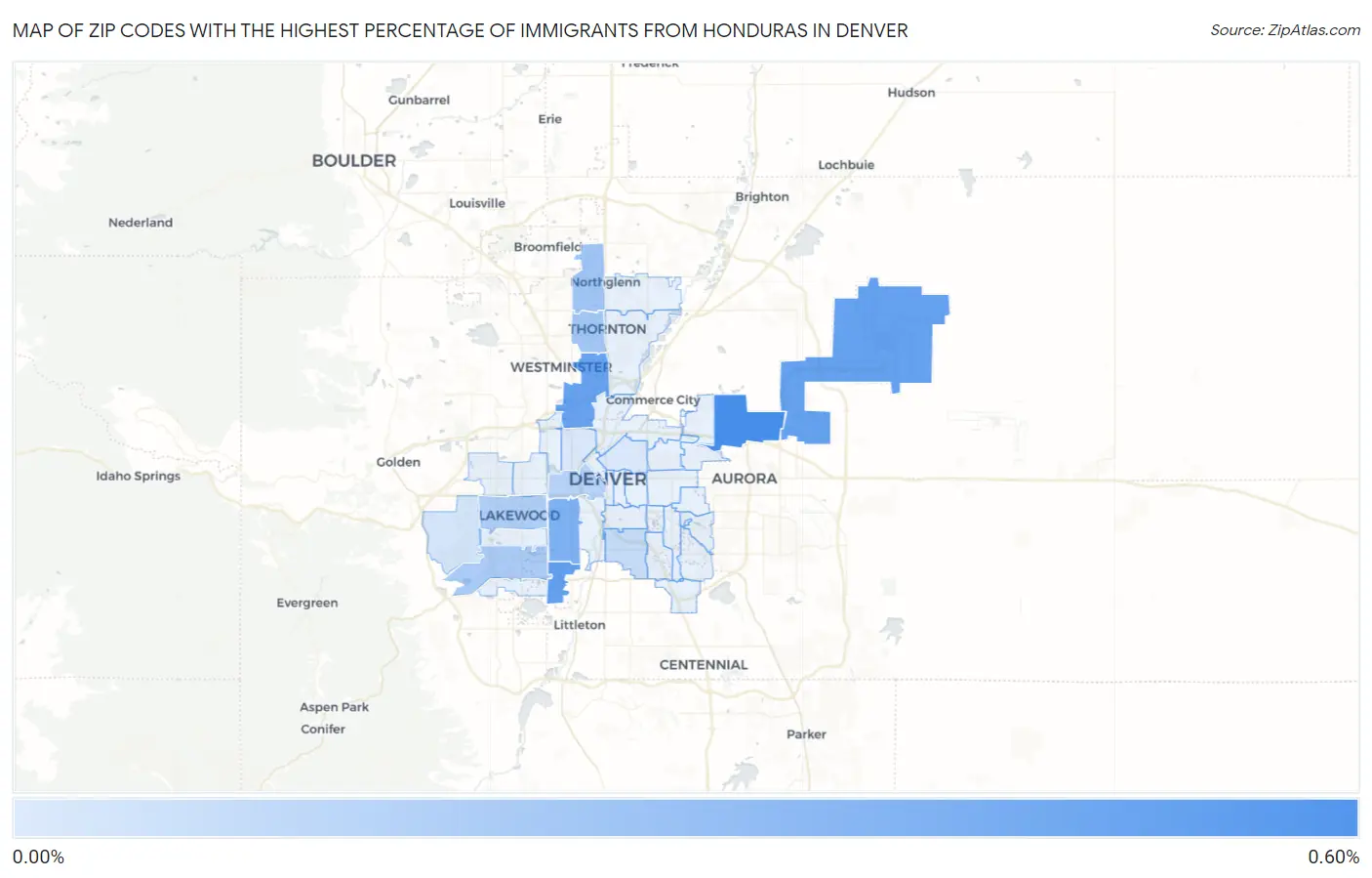 Zip Codes with the Highest Percentage of Immigrants from Honduras in Denver Map