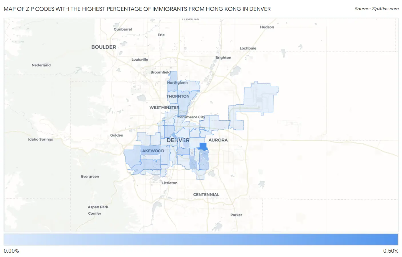 Zip Codes with the Highest Percentage of Immigrants from Hong Kong in Denver Map