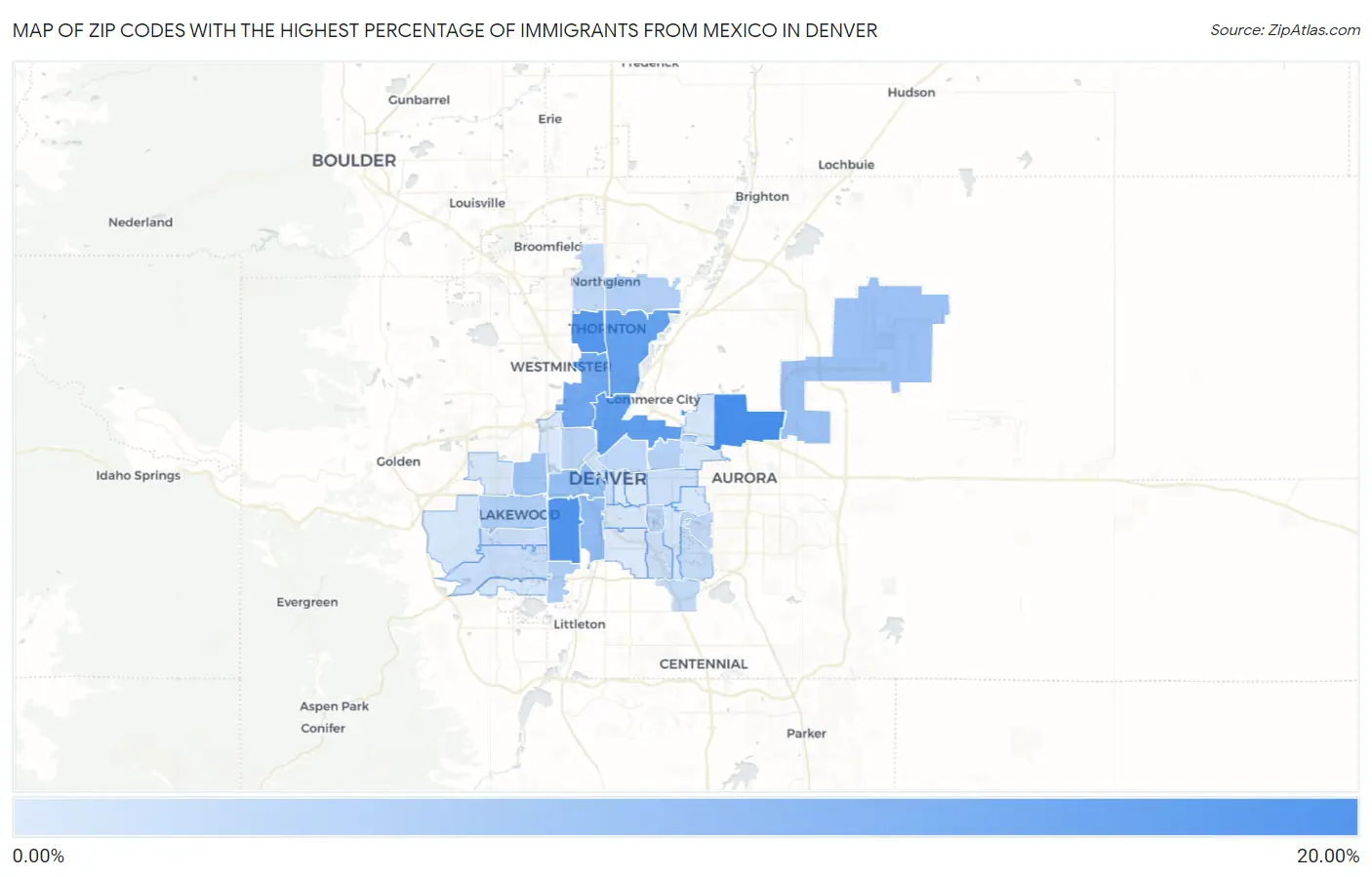 Zip Codes with the Highest Percentage of Immigrants from Mexico in Denver Map