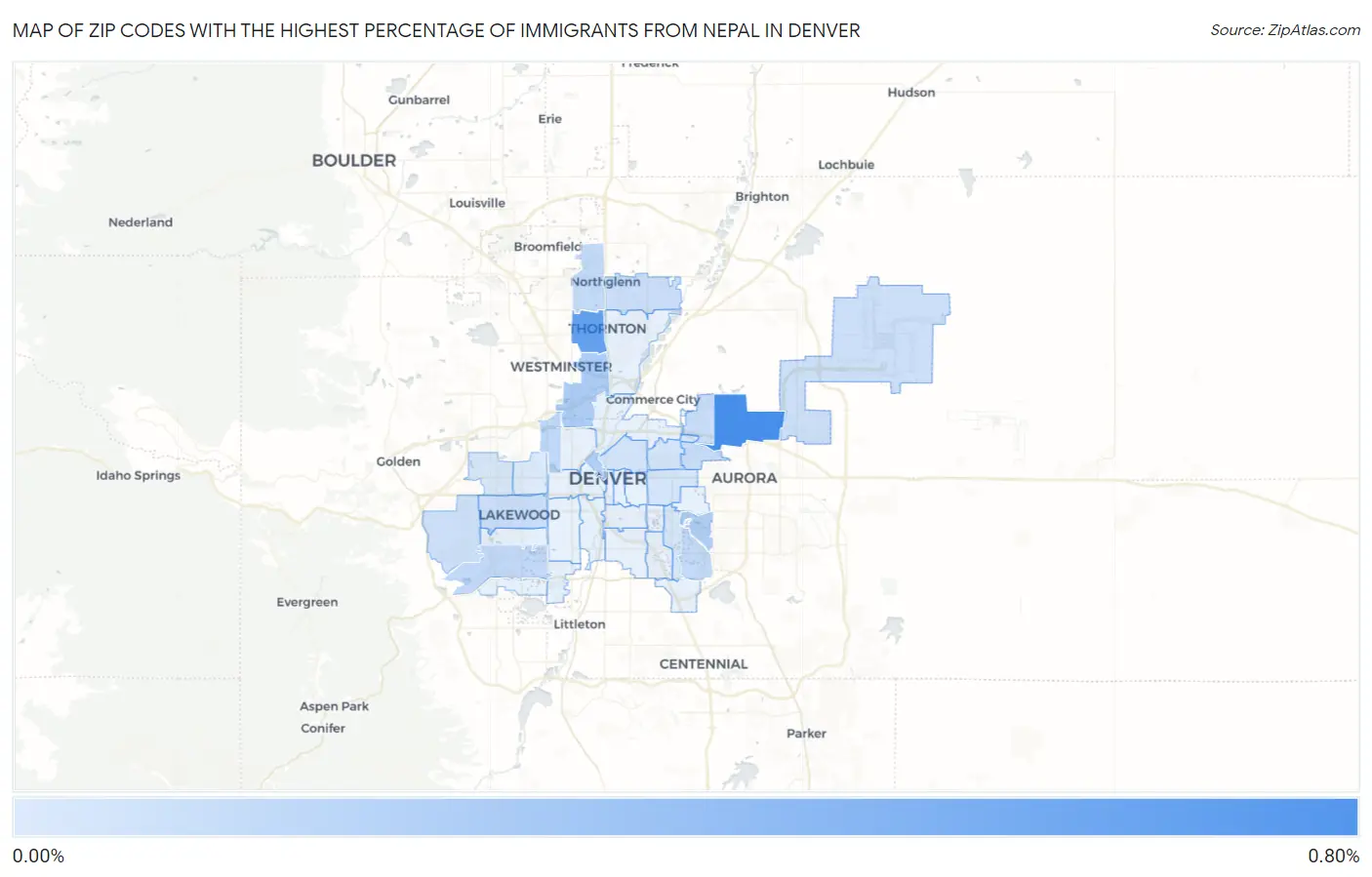 Zip Codes with the Highest Percentage of Immigrants from Nepal in Denver Map