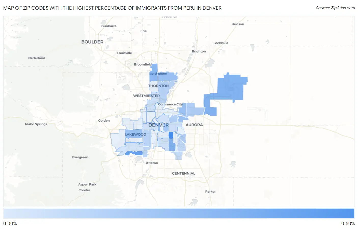 Zip Codes with the Highest Percentage of Immigrants from Peru in Denver Map