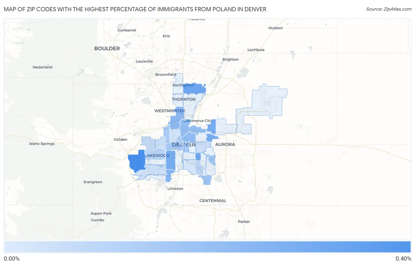 Zip Codes with the Highest Percentage of Immigrants from Poland in Denver Map