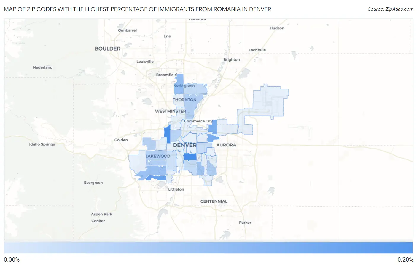 Zip Codes with the Highest Percentage of Immigrants from Romania in Denver Map