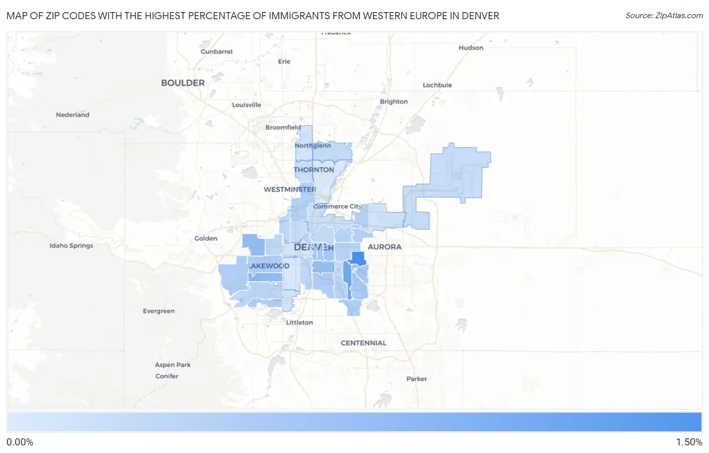 Zip Codes with the Highest Percentage of Immigrants from Western Europe in Denver Map