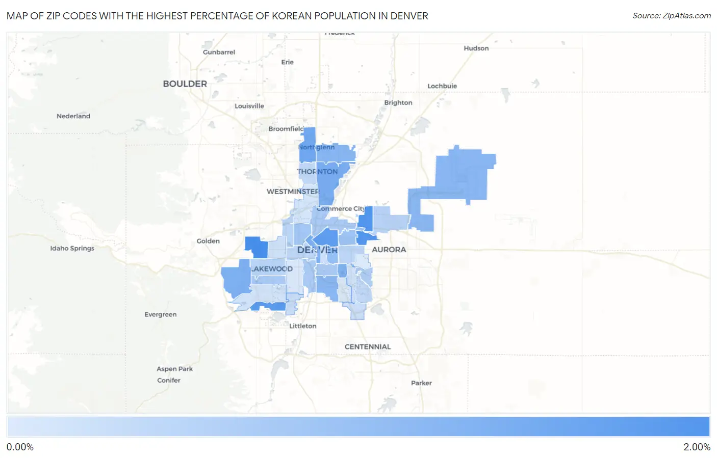 Zip Codes with the Highest Percentage of Korean Population in Denver Map