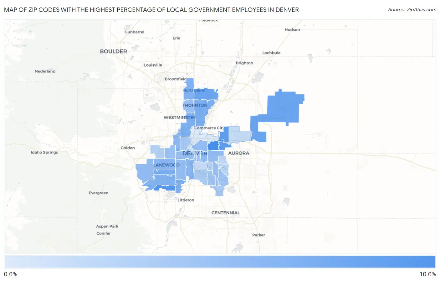 Zip Codes with the Highest Percentage of Local Government Employees in Denver Map