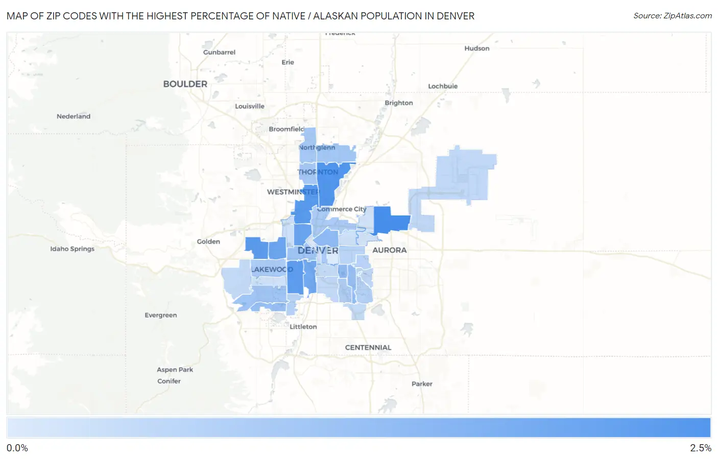 Zip Codes with the Highest Percentage of Native / Alaskan Population in Denver Map