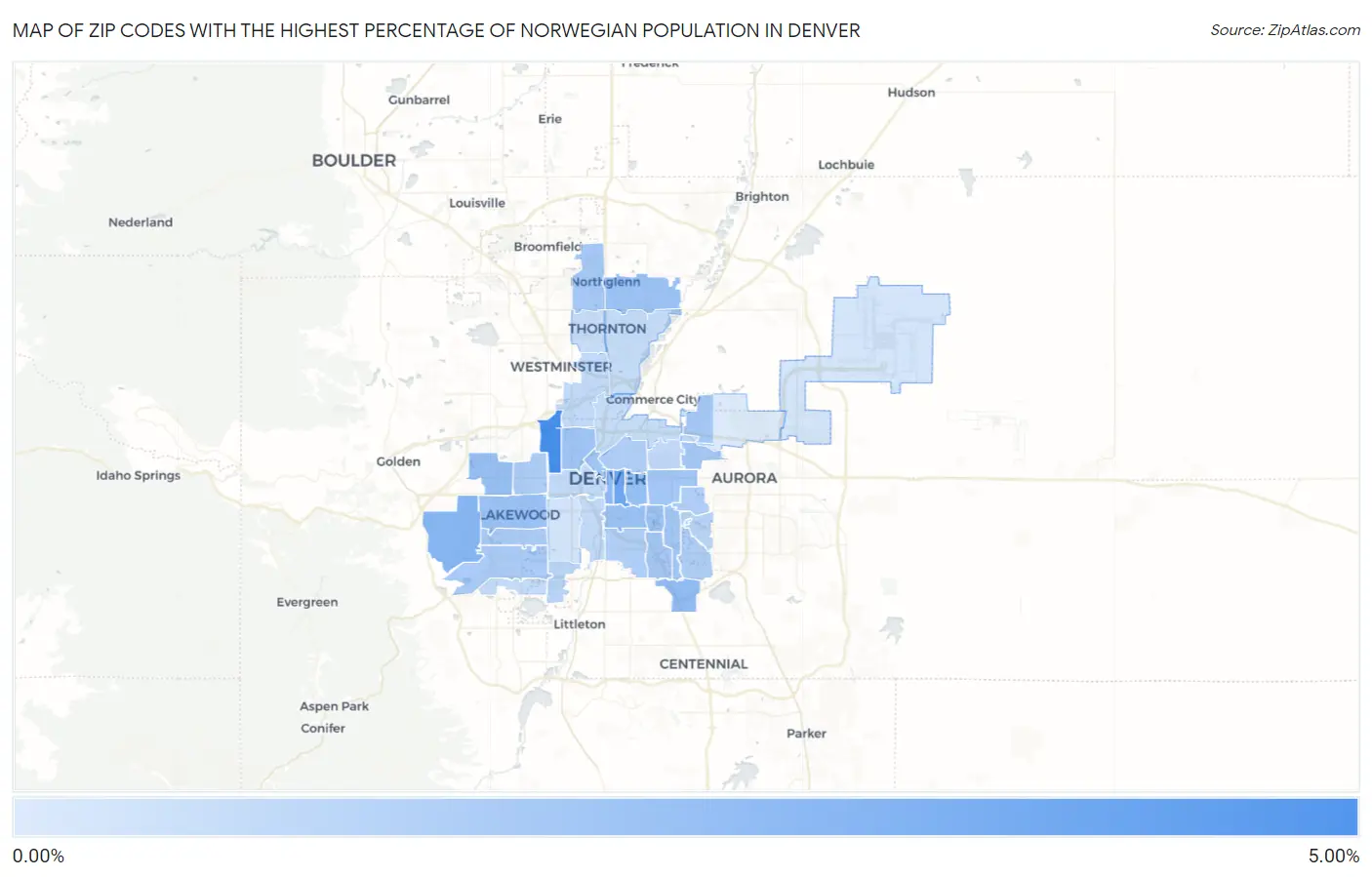 Zip Codes with the Highest Percentage of Norwegian Population in Denver Map