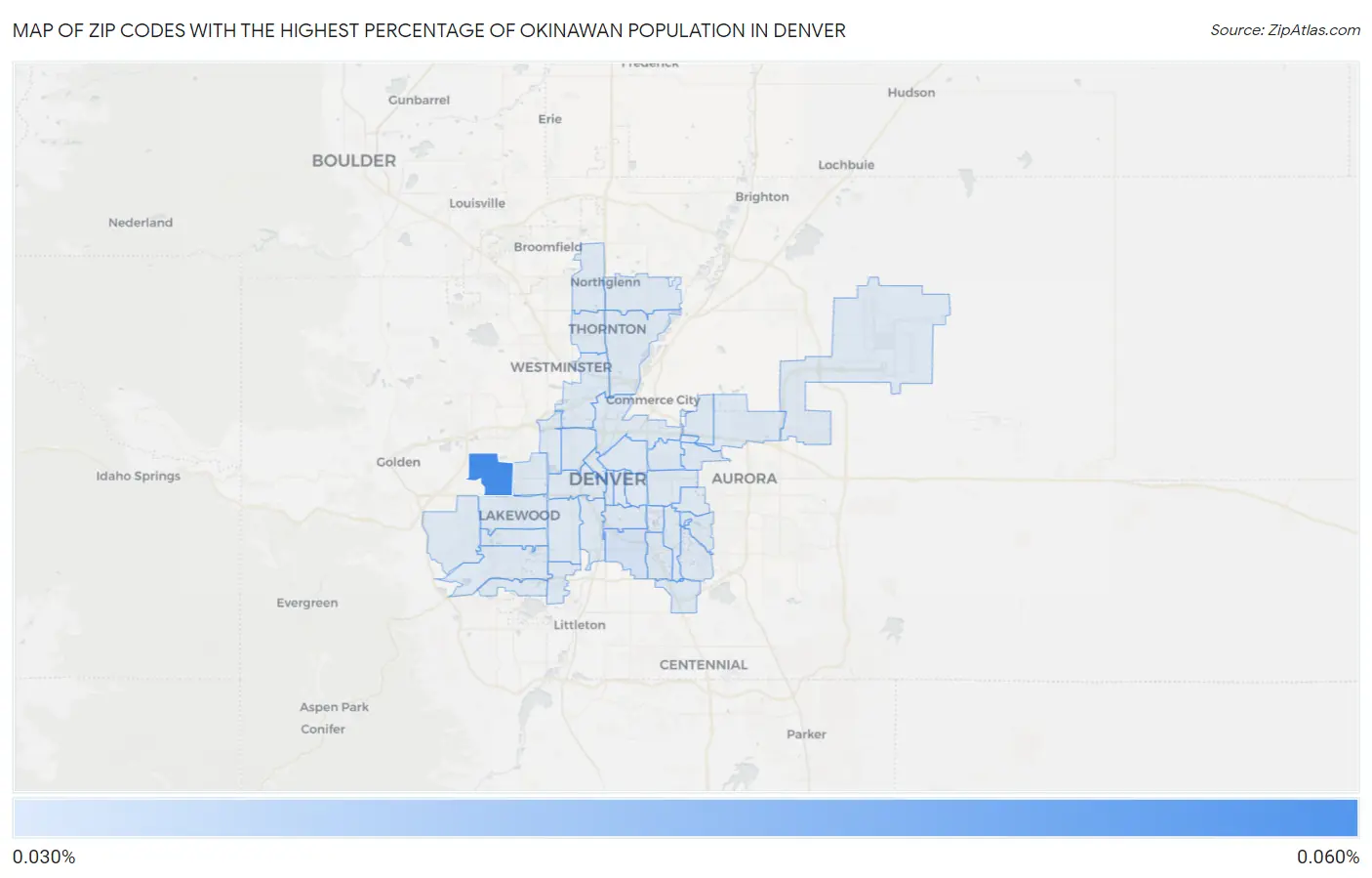 Zip Codes with the Highest Percentage of Okinawan Population in Denver Map