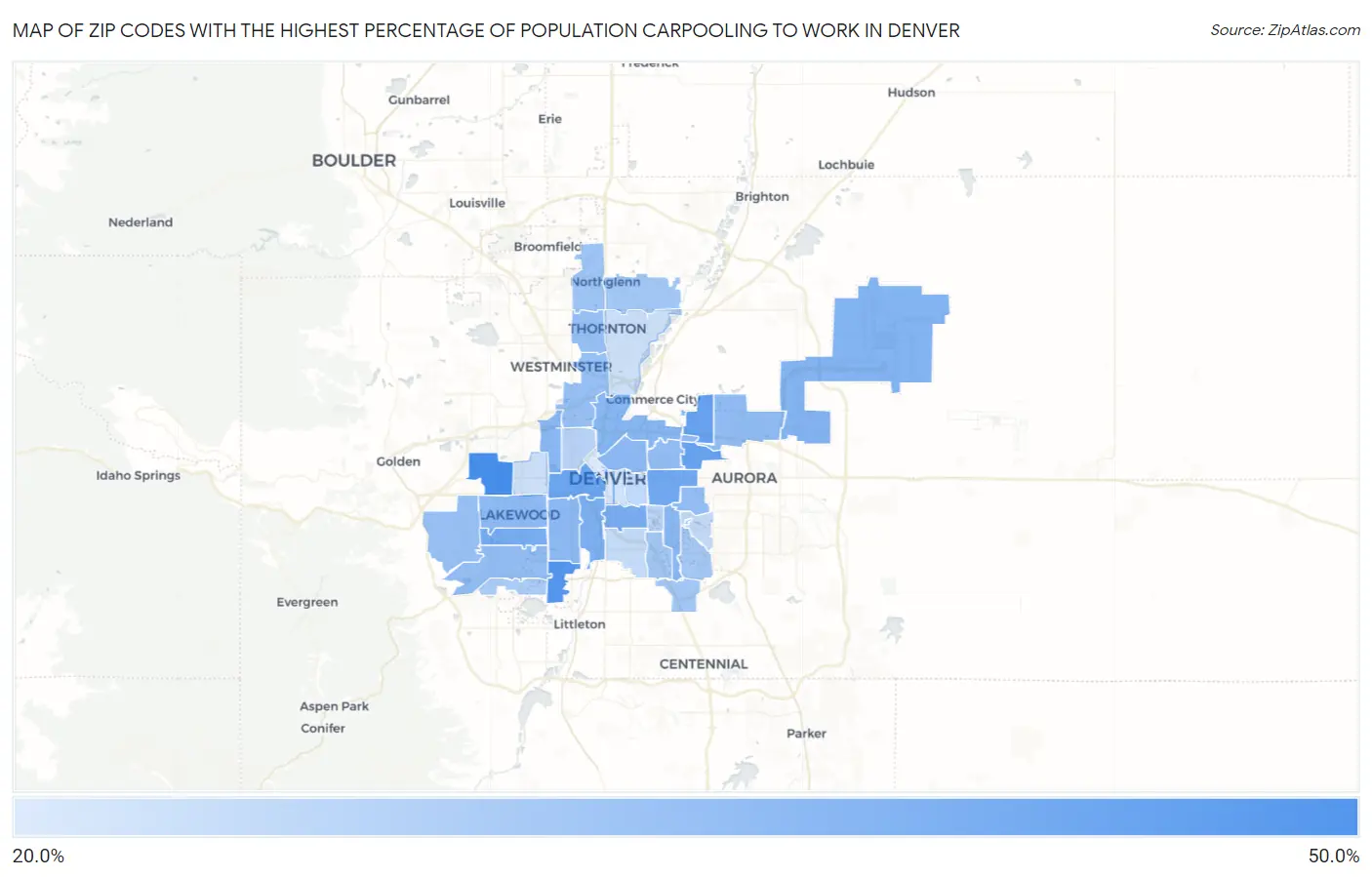 Zip Codes with the Highest Percentage of Population Carpooling to Work in Denver Map
