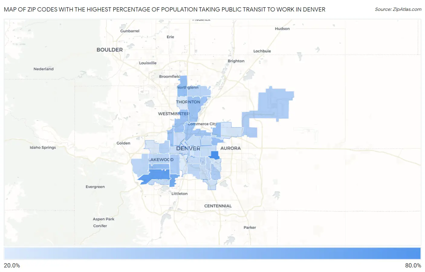 Zip Codes with the Highest Percentage of Population Taking Public Transit to Work in Denver Map