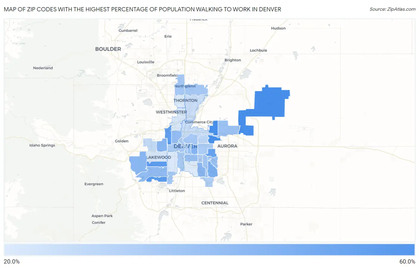 Zip Codes with the Highest Percentage of Population Walking to Work in Denver Map