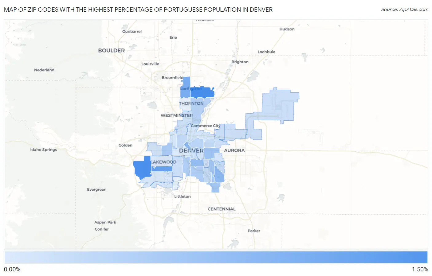 Zip Codes with the Highest Percentage of Portuguese Population in Denver Map