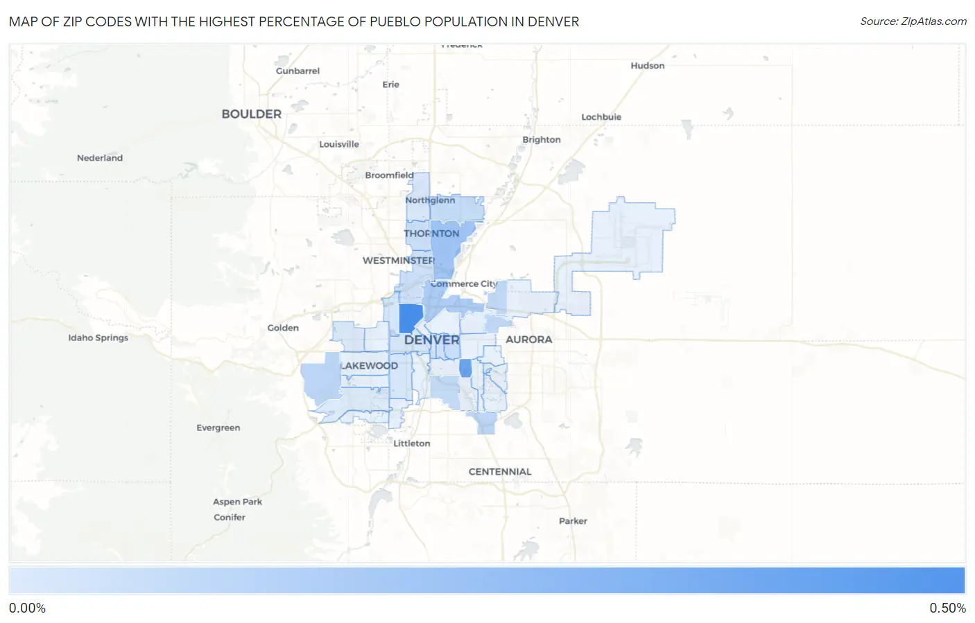 Zip Codes with the Highest Percentage of Pueblo Population in Denver Map
