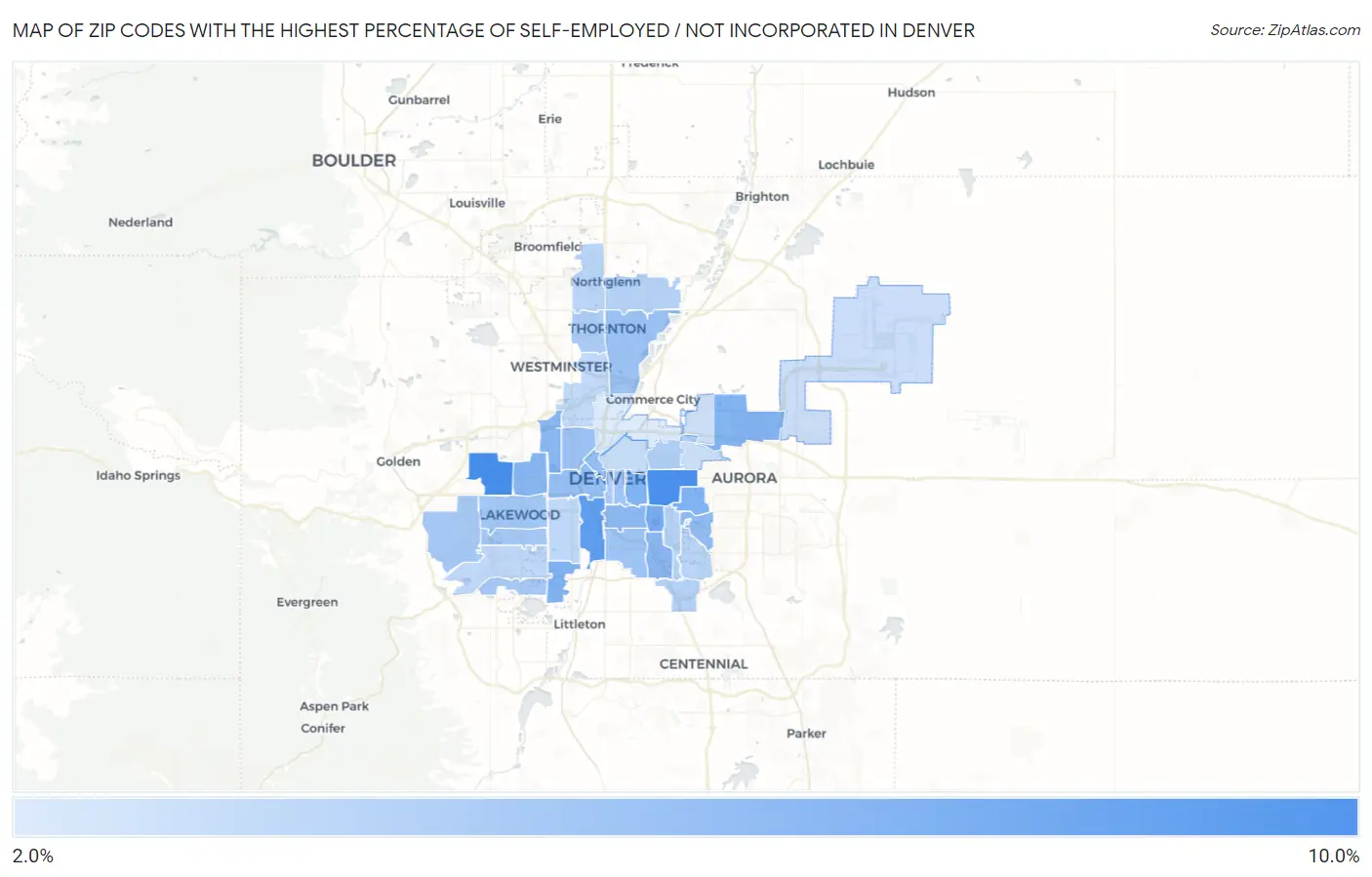 Zip Codes with the Highest Percentage of Self-Employed / Not Incorporated in Denver Map