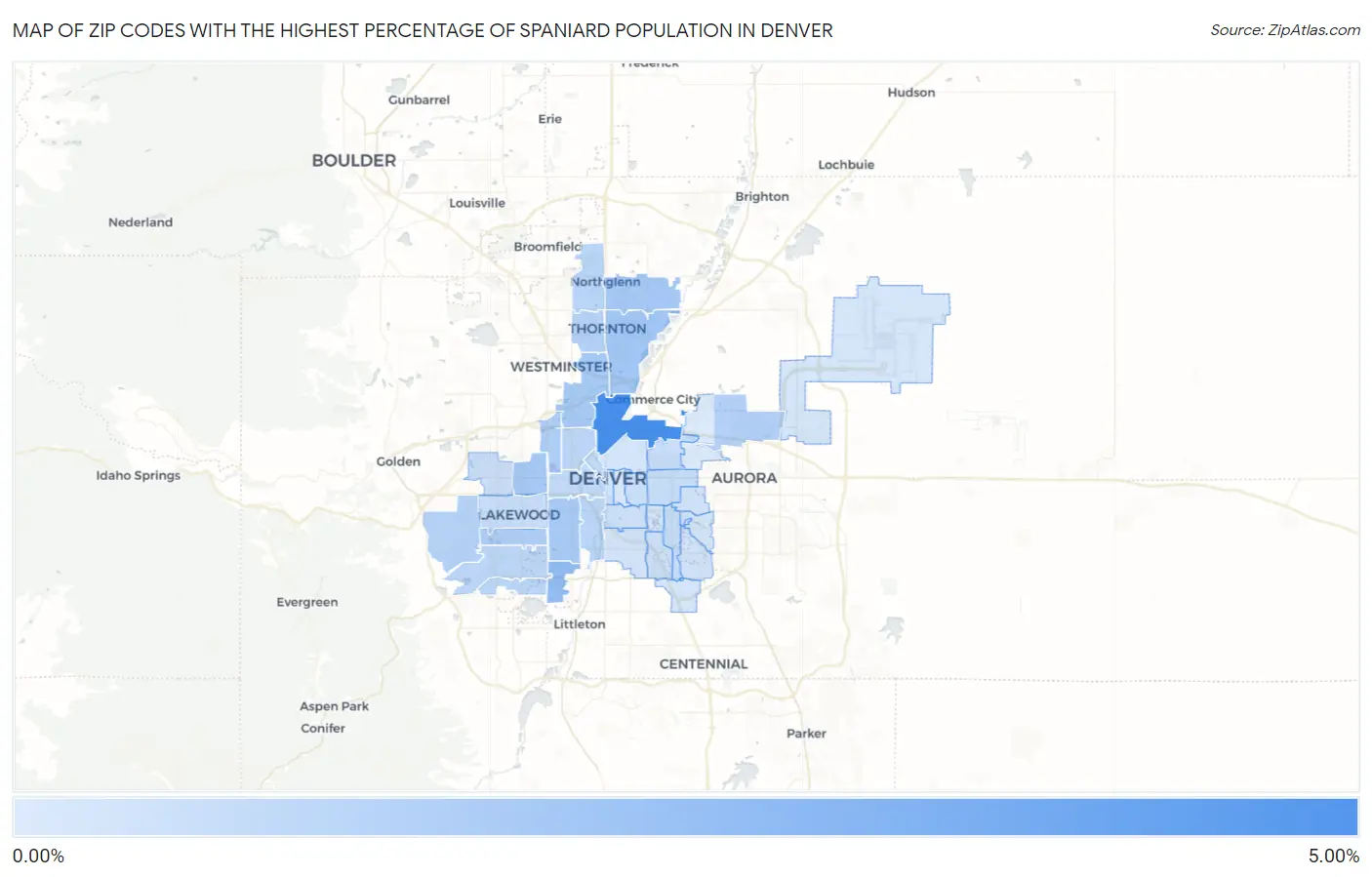 Zip Codes with the Highest Percentage of Spaniard Population in Denver Map