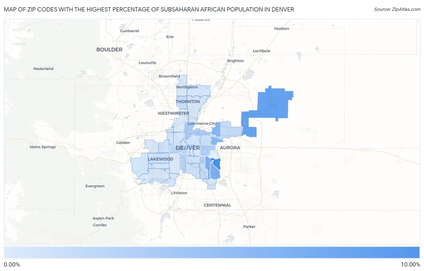 Zip Codes with the Highest Percentage of Subsaharan African Population in Denver Map