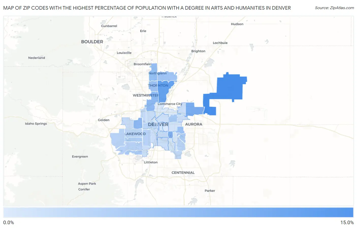Zip Codes with the Highest Percentage of Population with a Degree in Arts and Humanities in Denver Map