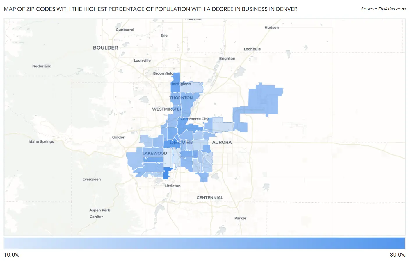 Zip Codes with the Highest Percentage of Population with a Degree in Business in Denver Map