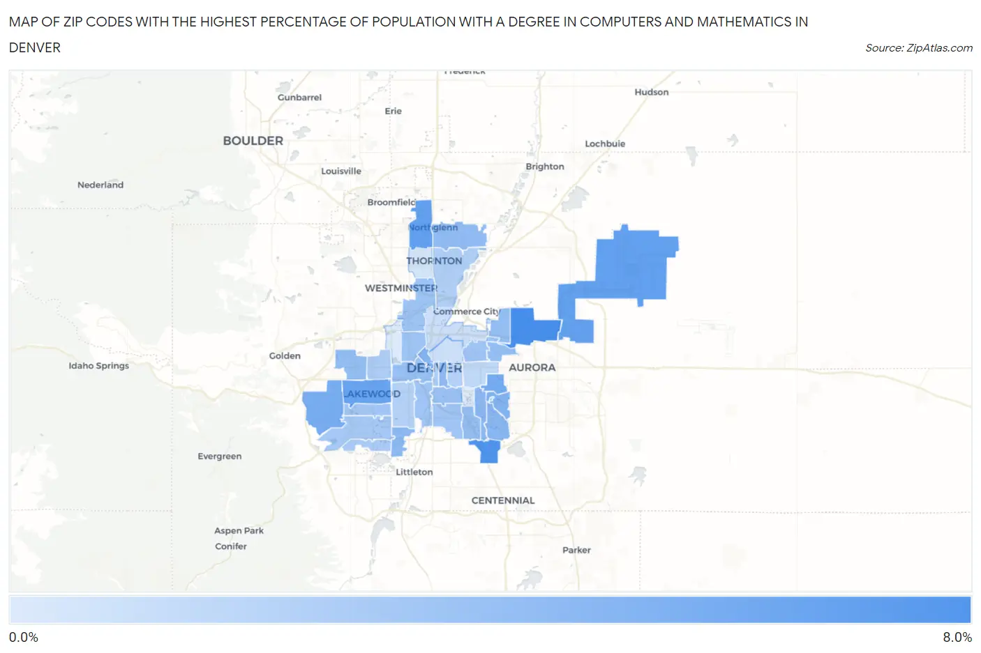 Zip Codes with the Highest Percentage of Population with a Degree in Computers and Mathematics in Denver Map