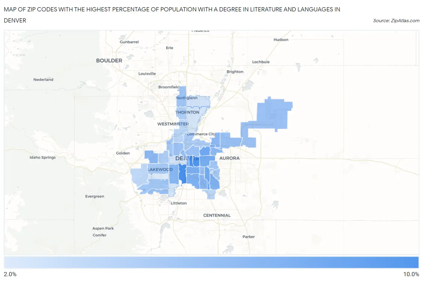 Zip Codes with the Highest Percentage of Population with a Degree in Literature and Languages in Denver Map