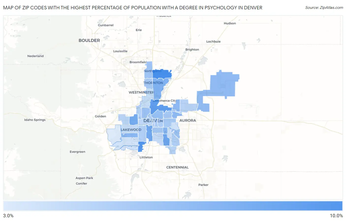 Zip Codes with the Highest Percentage of Population with a Degree in Psychology in Denver Map