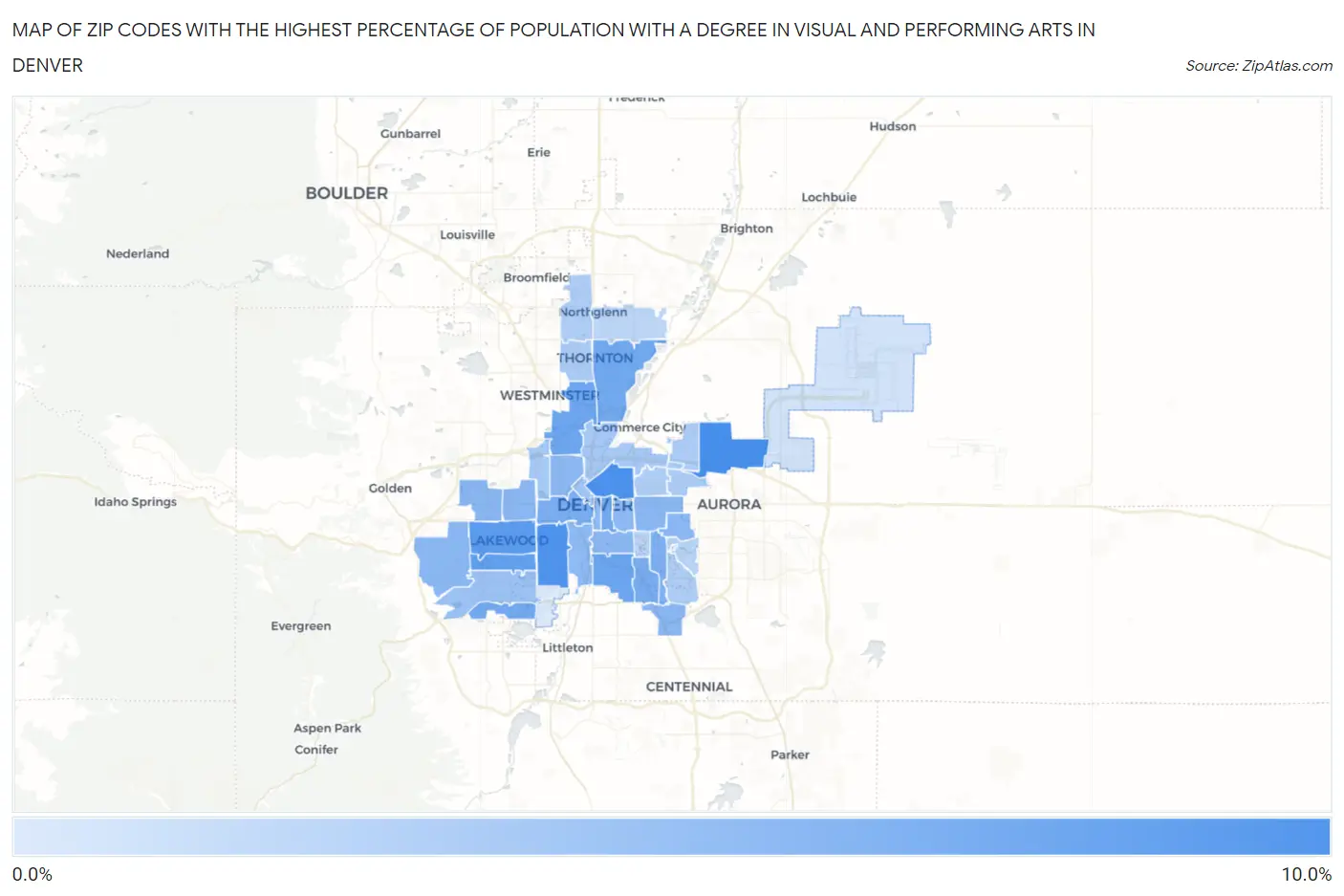 Zip Codes with the Highest Percentage of Population with a Degree in Visual and Performing Arts in Denver Map