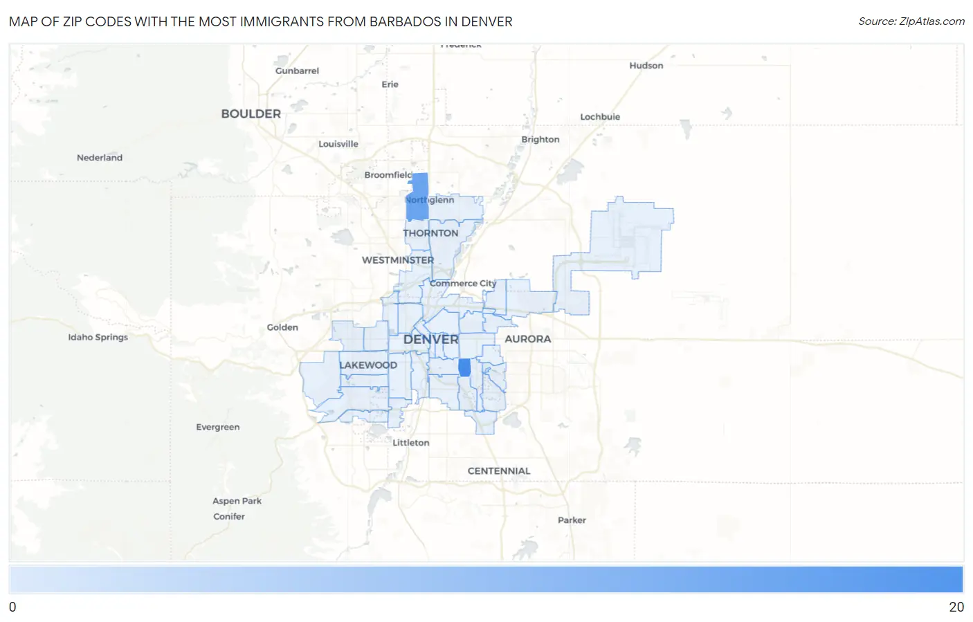 Zip Codes with the Most Immigrants from Barbados in Denver Map