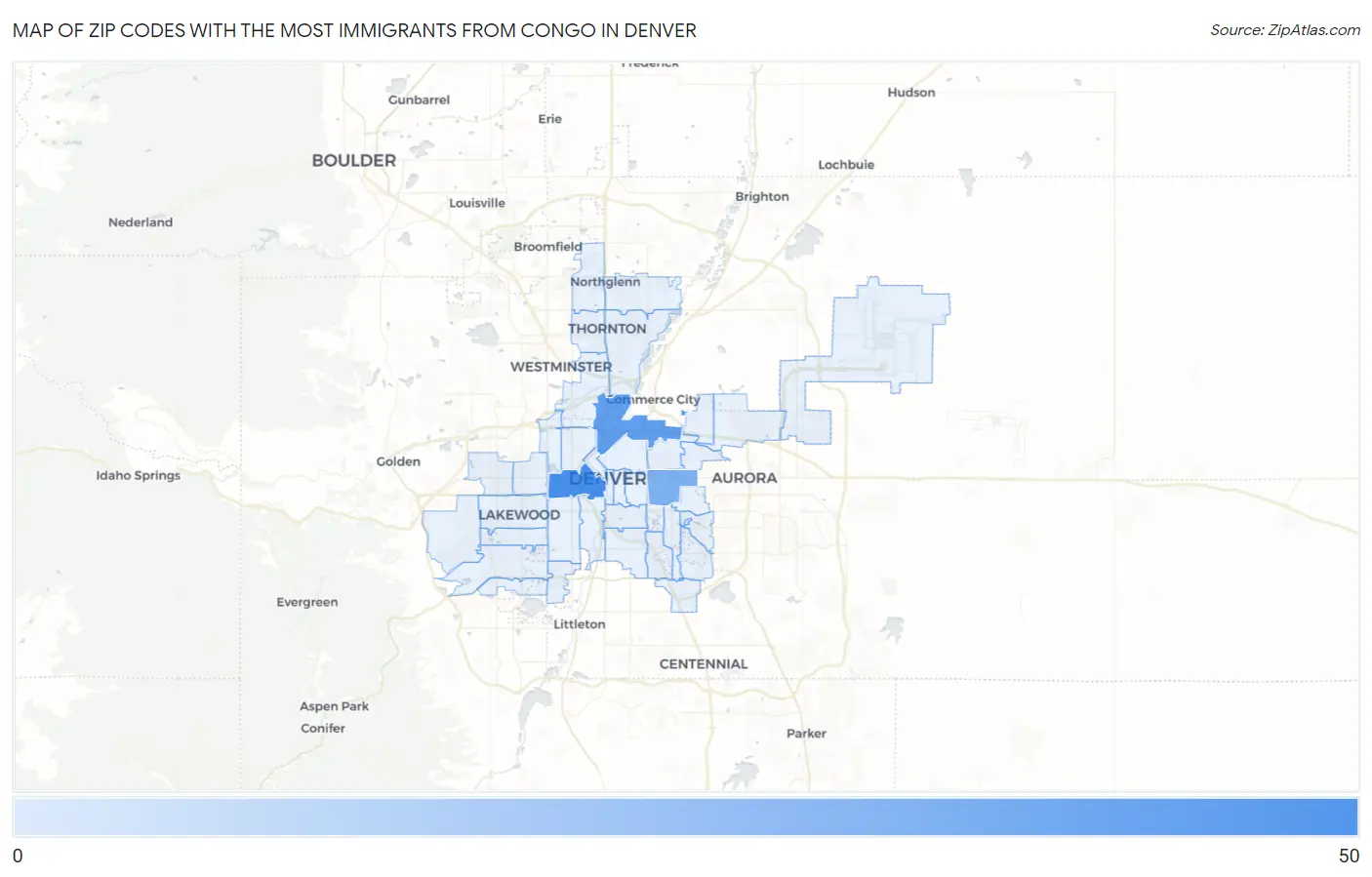 Zip Codes with the Most Immigrants from Congo in Denver Map