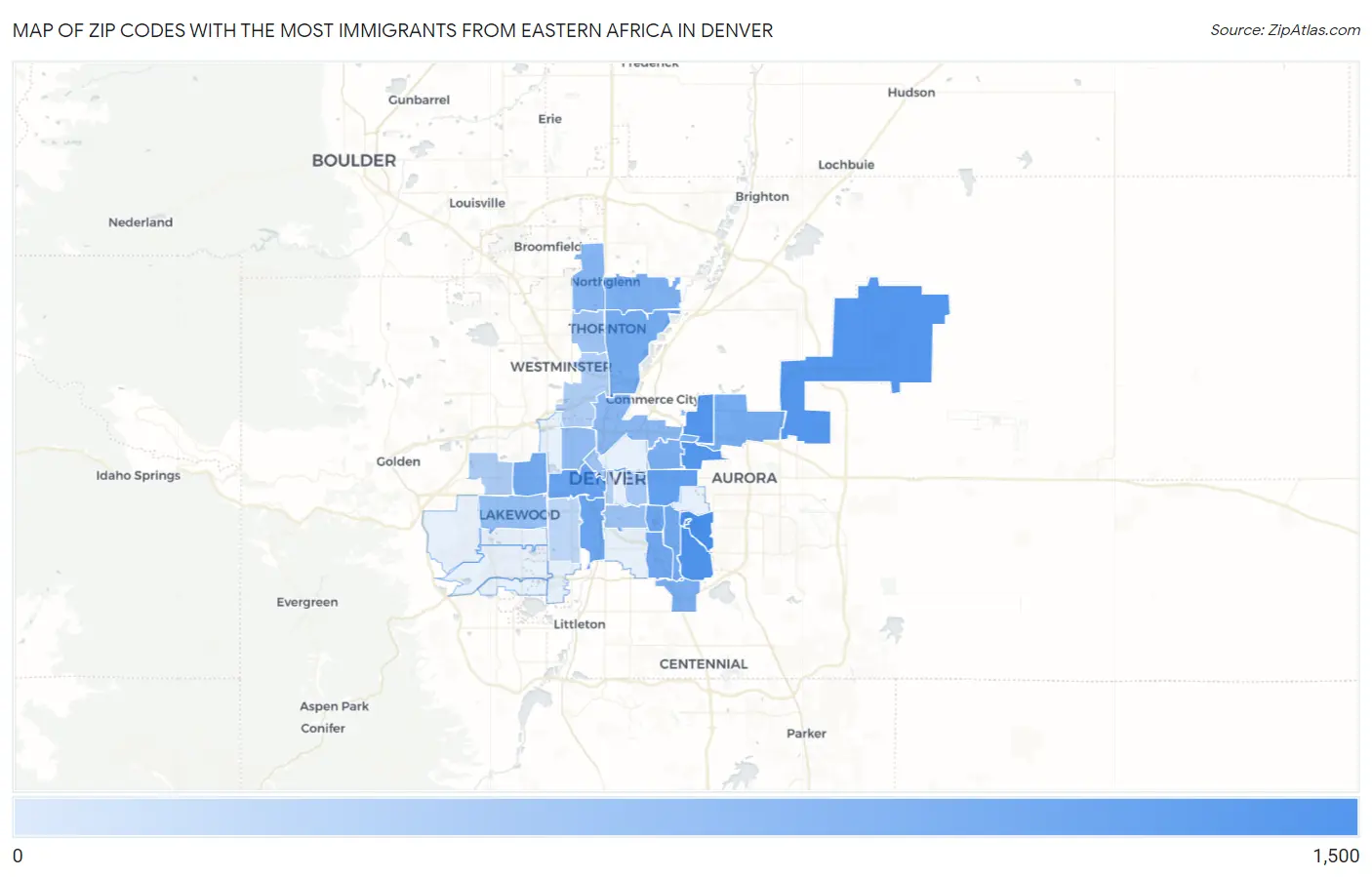 Zip Codes with the Most Immigrants from Eastern Africa in Denver Map