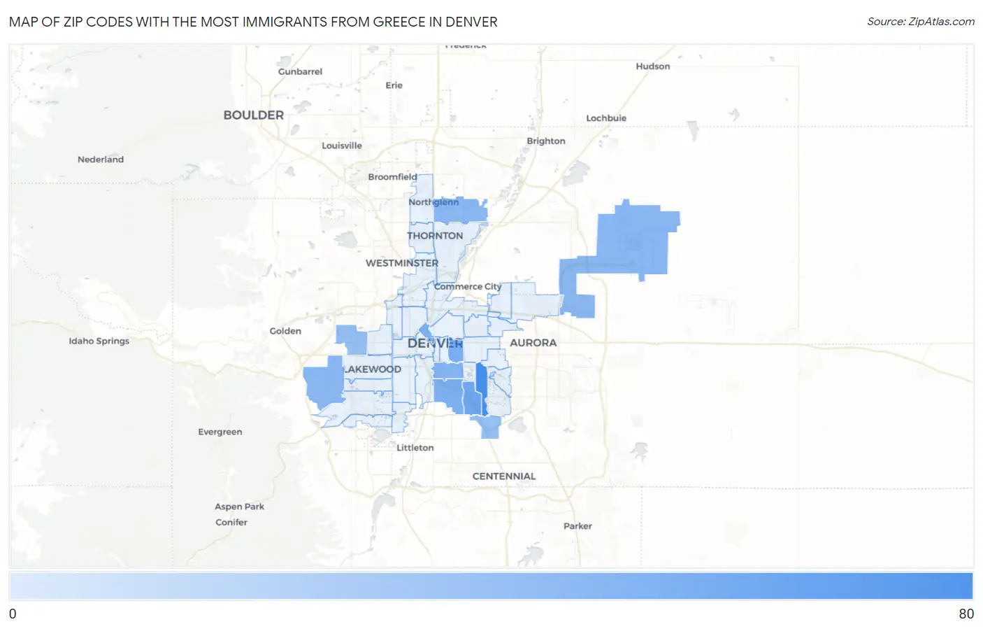 Zip Codes with the Most Immigrants from Greece in Denver Map