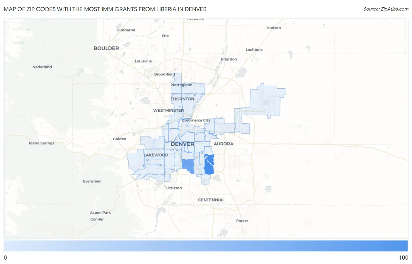 Zip Codes with the Most Immigrants from Liberia in Denver Map