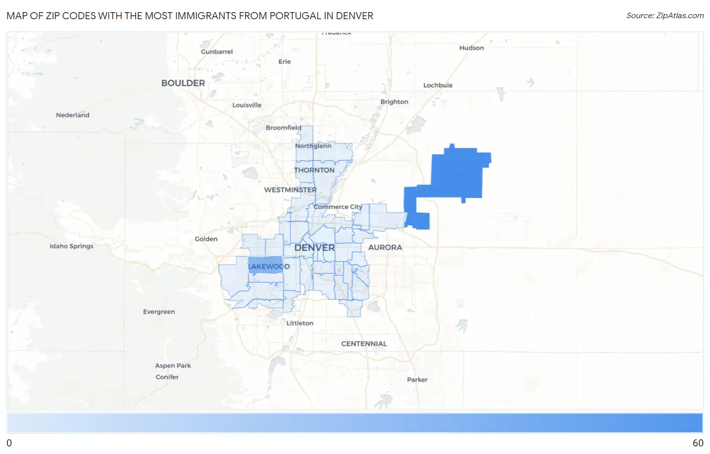 Zip Codes with the Most Immigrants from Portugal in Denver Map