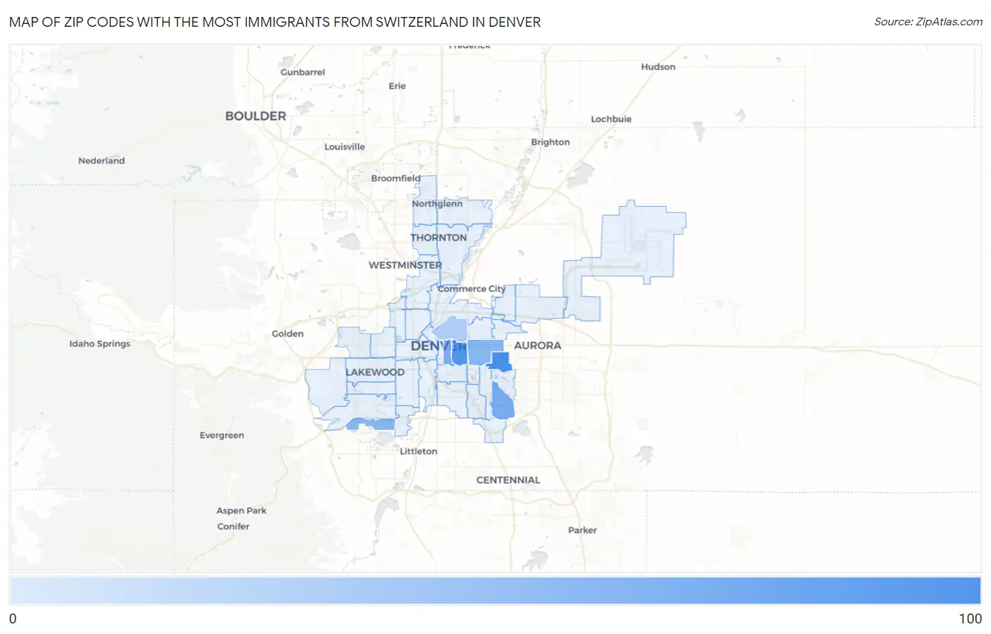 Zip Codes with the Most Immigrants from Switzerland in Denver Map