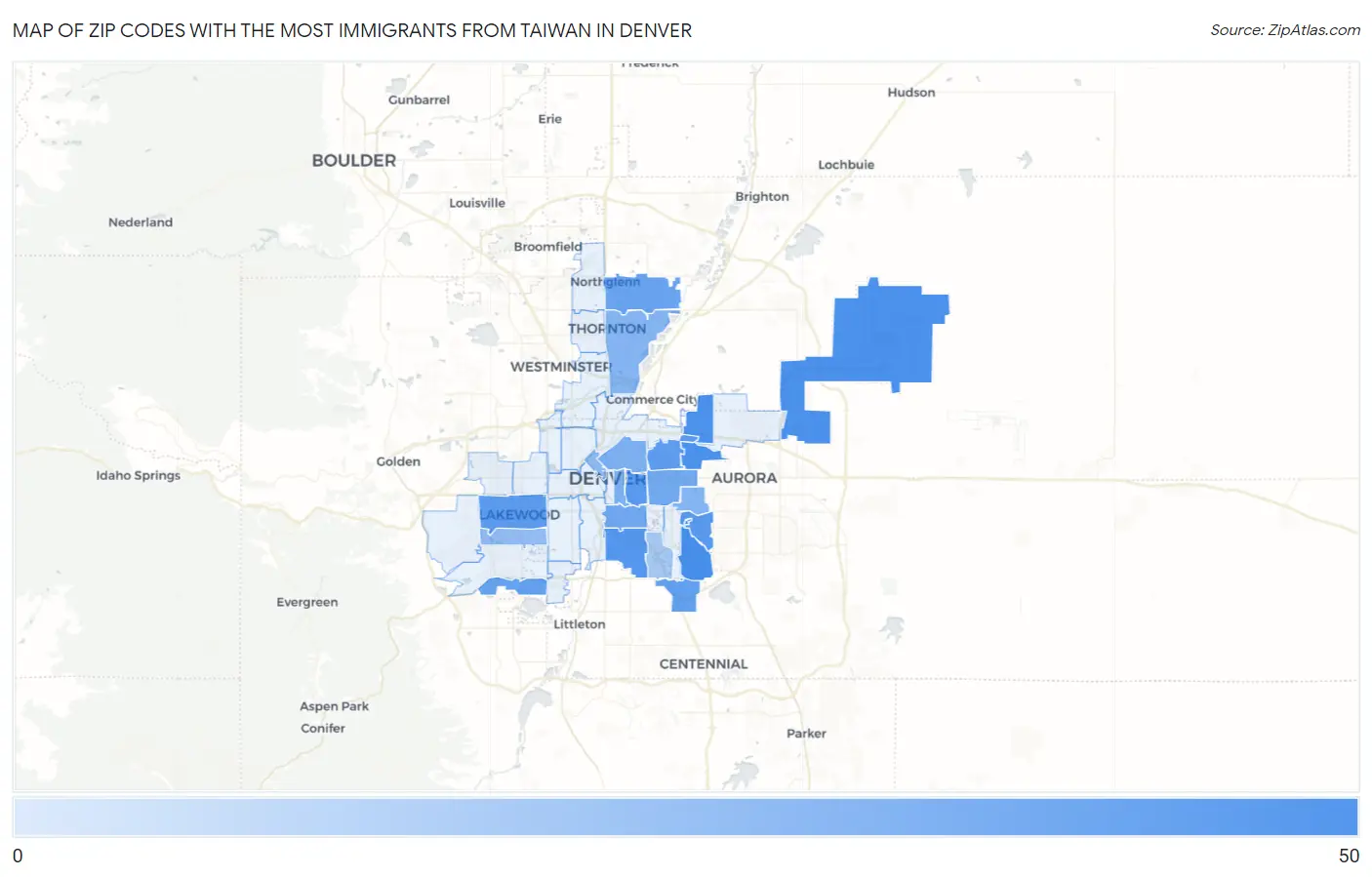 Zip Codes with the Most Immigrants from Taiwan in Denver Map