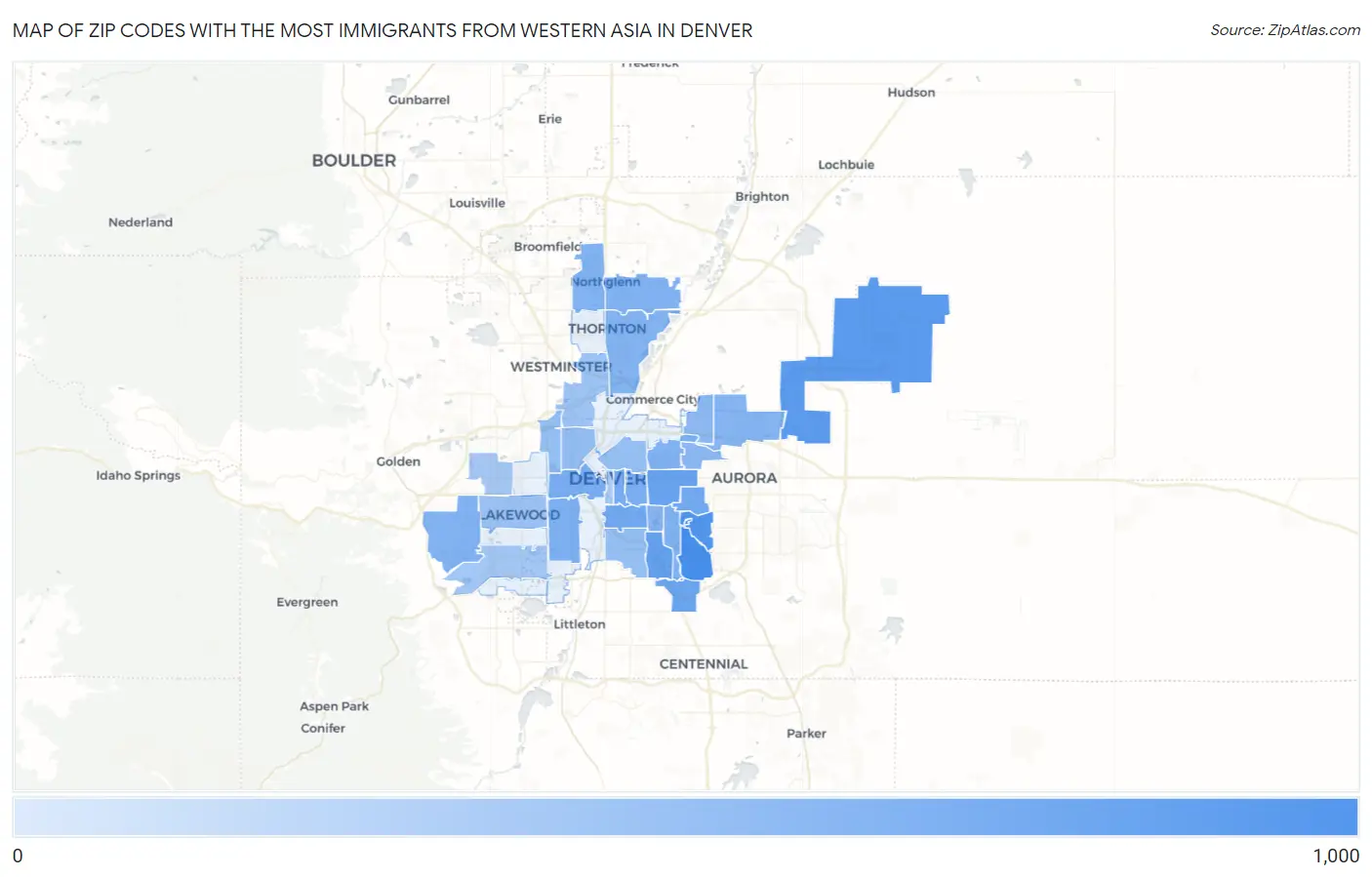 Zip Codes with the Most Immigrants from Western Asia in Denver Map