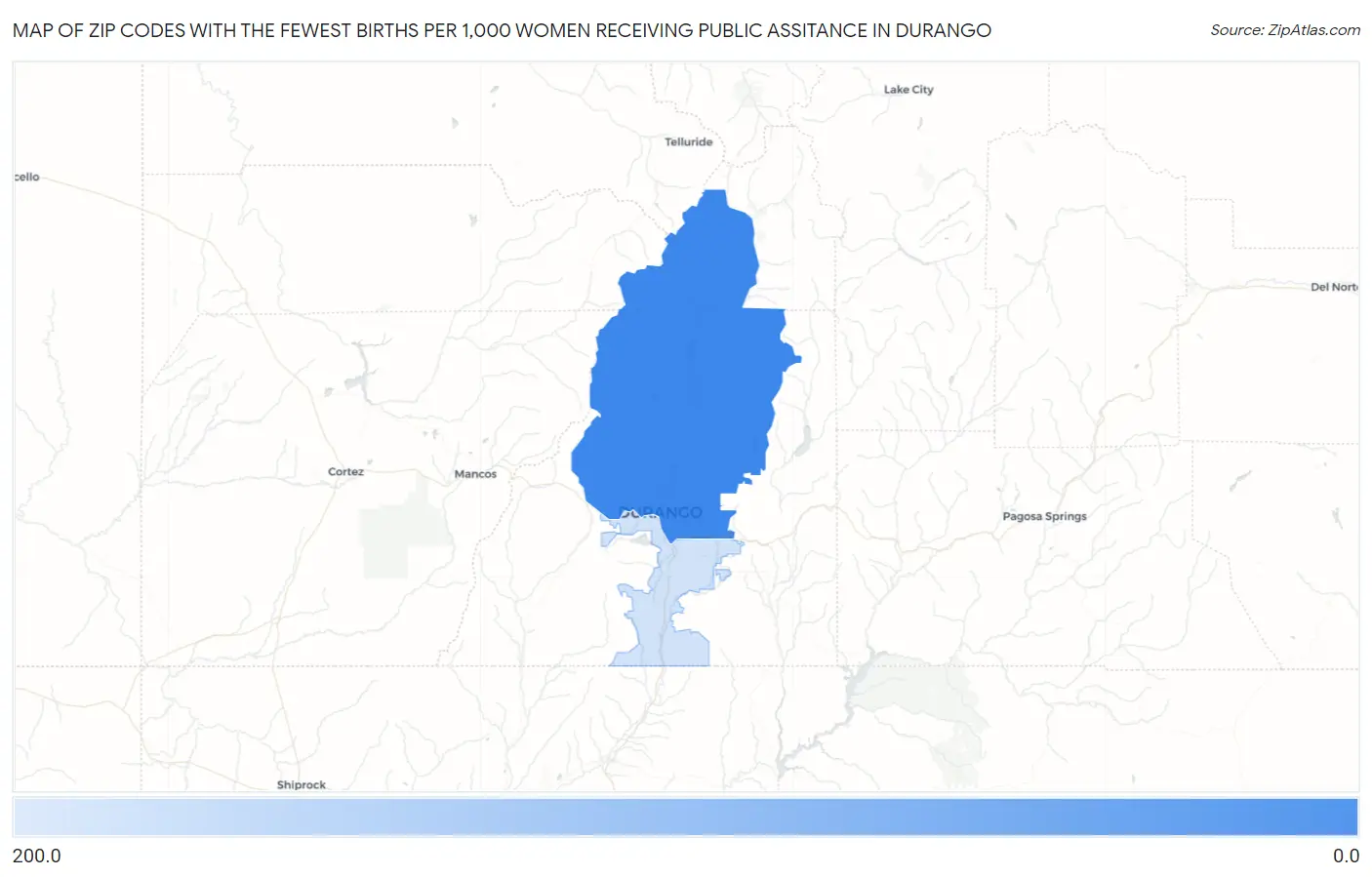 Zip Codes with the Fewest Births per 1,000 Women Receiving Public Assitance in Durango Map