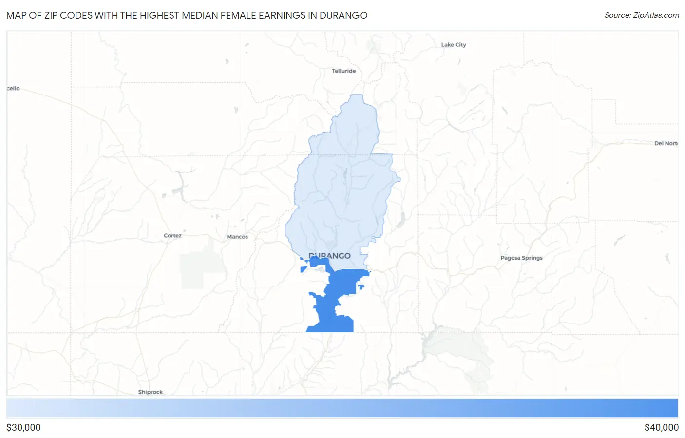 Zip Codes with the Highest Median Female Earnings in Durango Map