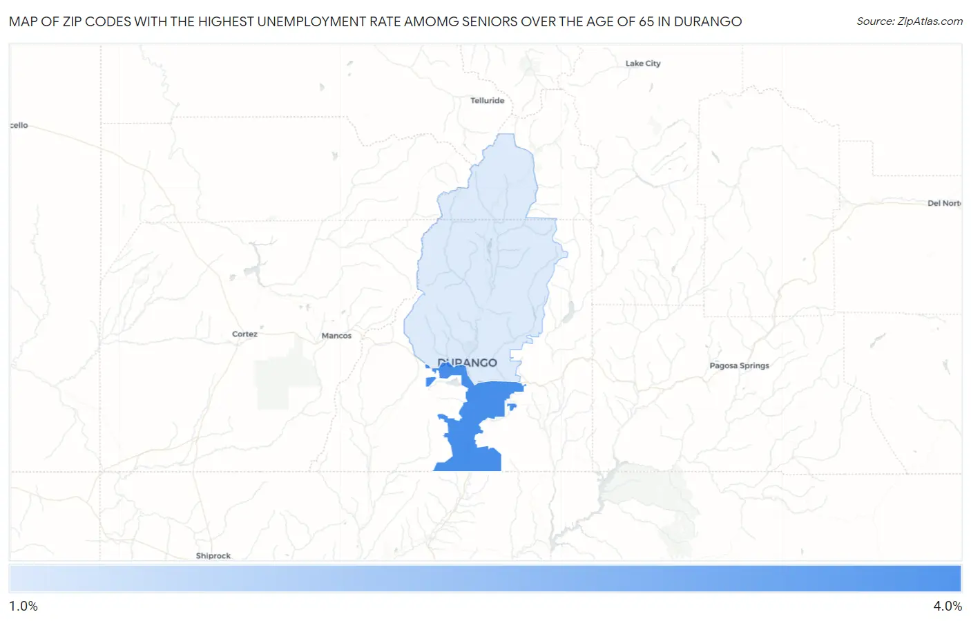 Zip Codes with the Highest Unemployment Rate Amomg Seniors Over the Age of 65 in Durango Map
