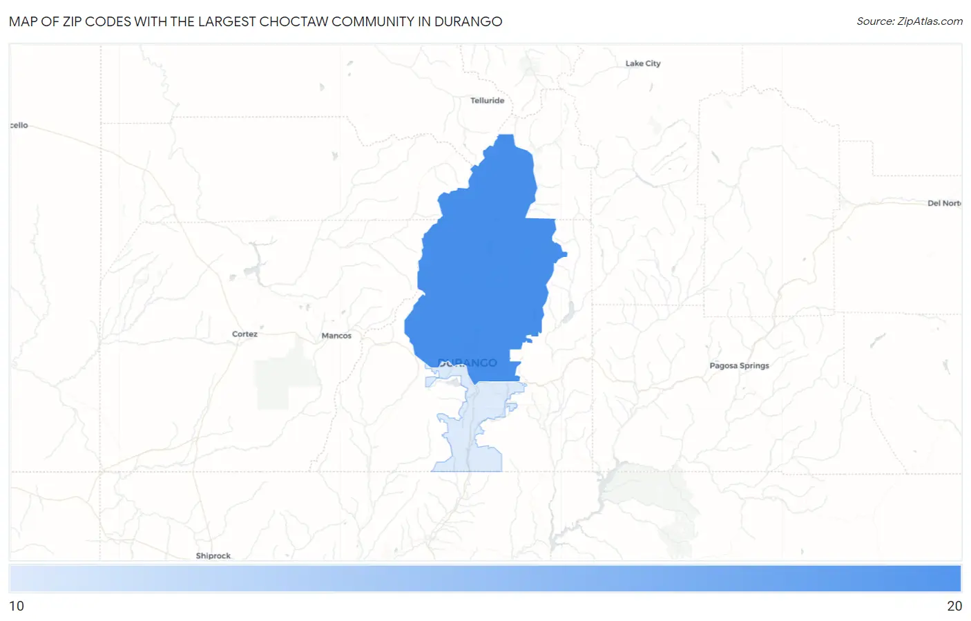 Zip Codes with the Largest Choctaw Community in Durango Map