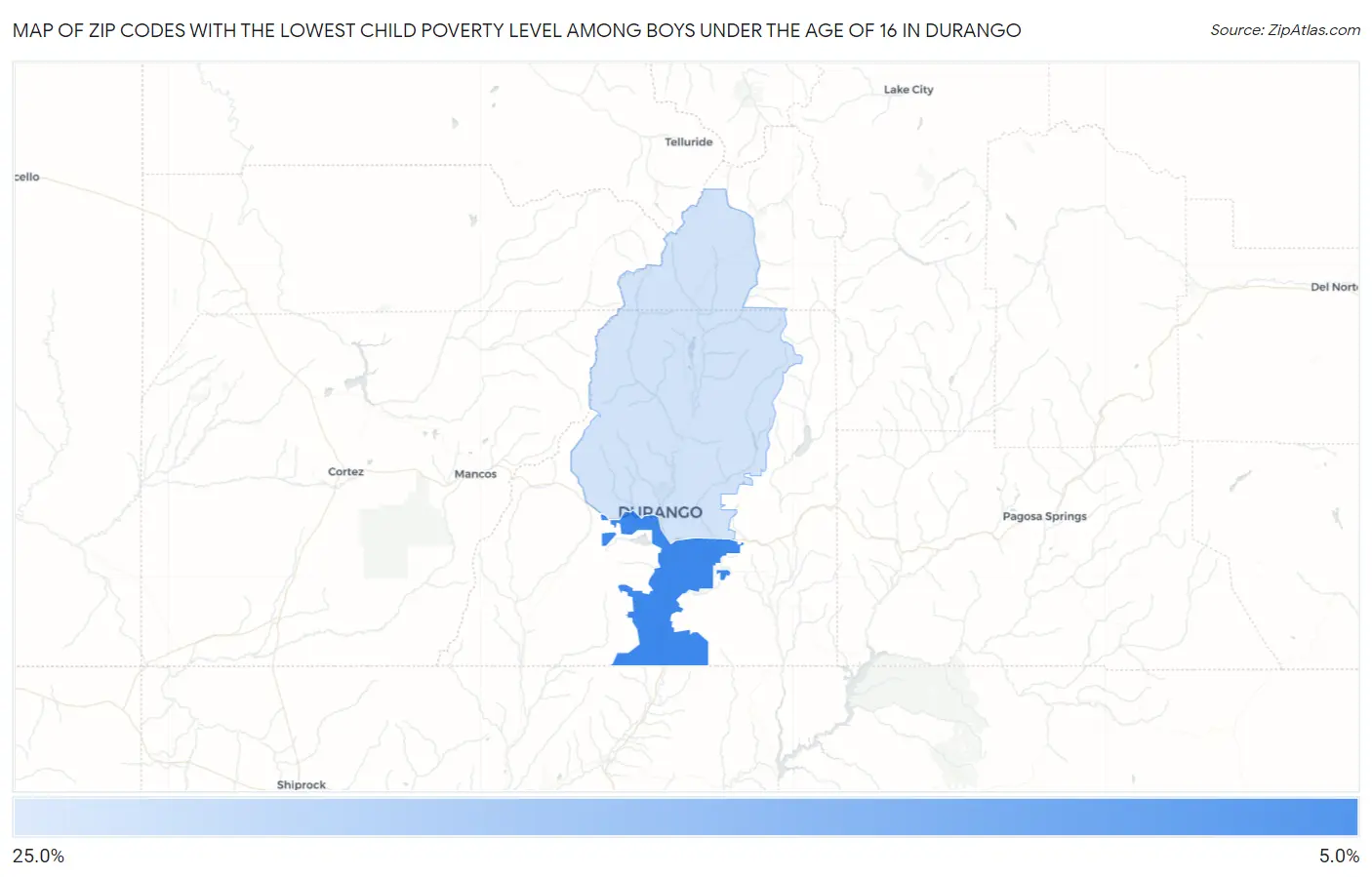 Zip Codes with the Lowest Child Poverty Level Among Boys Under the Age of 16 in Durango Map