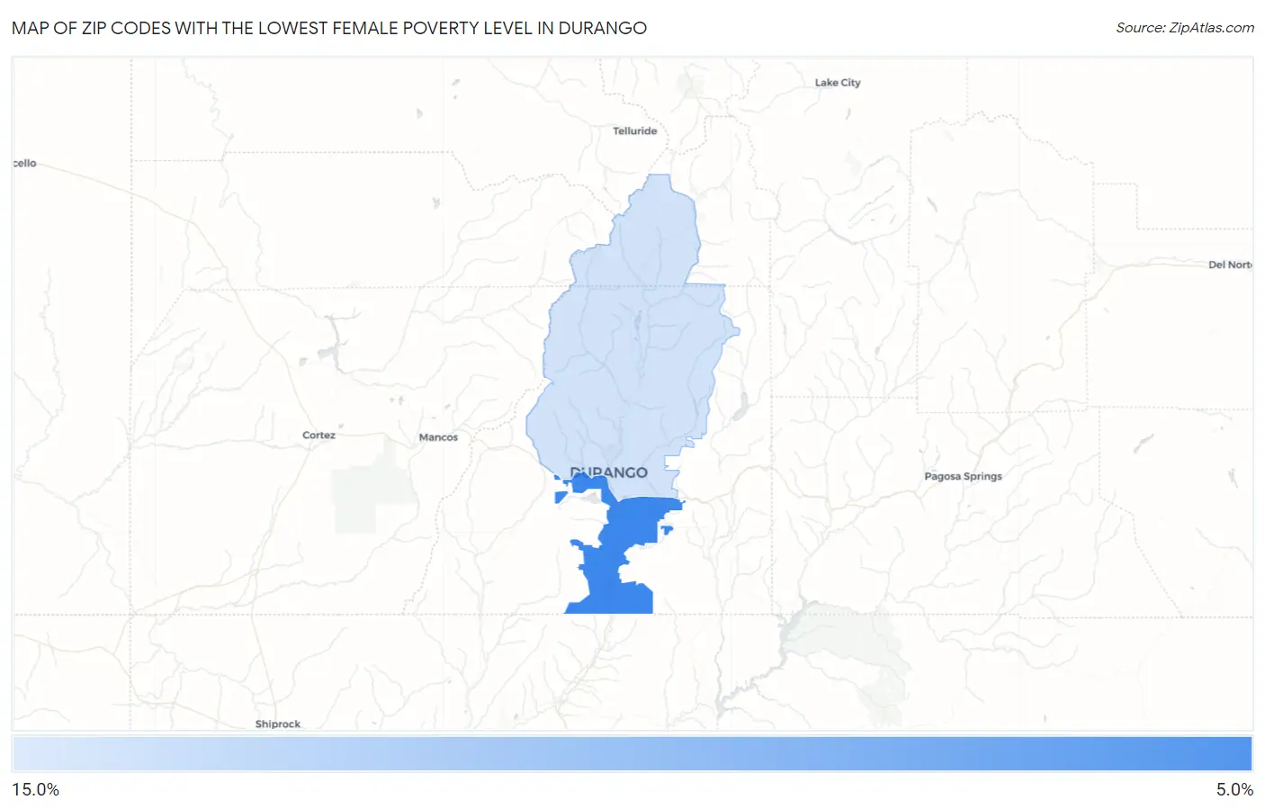 Zip Codes with the Lowest Female Poverty Level in Durango Map