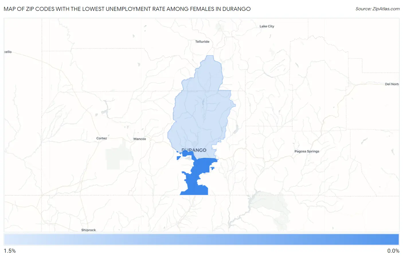 Zip Codes with the Lowest Unemployment Rate Among Females in Durango Map