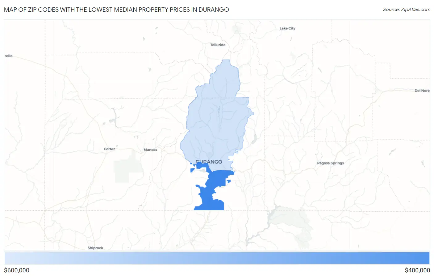 Zip Codes with the Lowest Median Property Prices in Durango Map