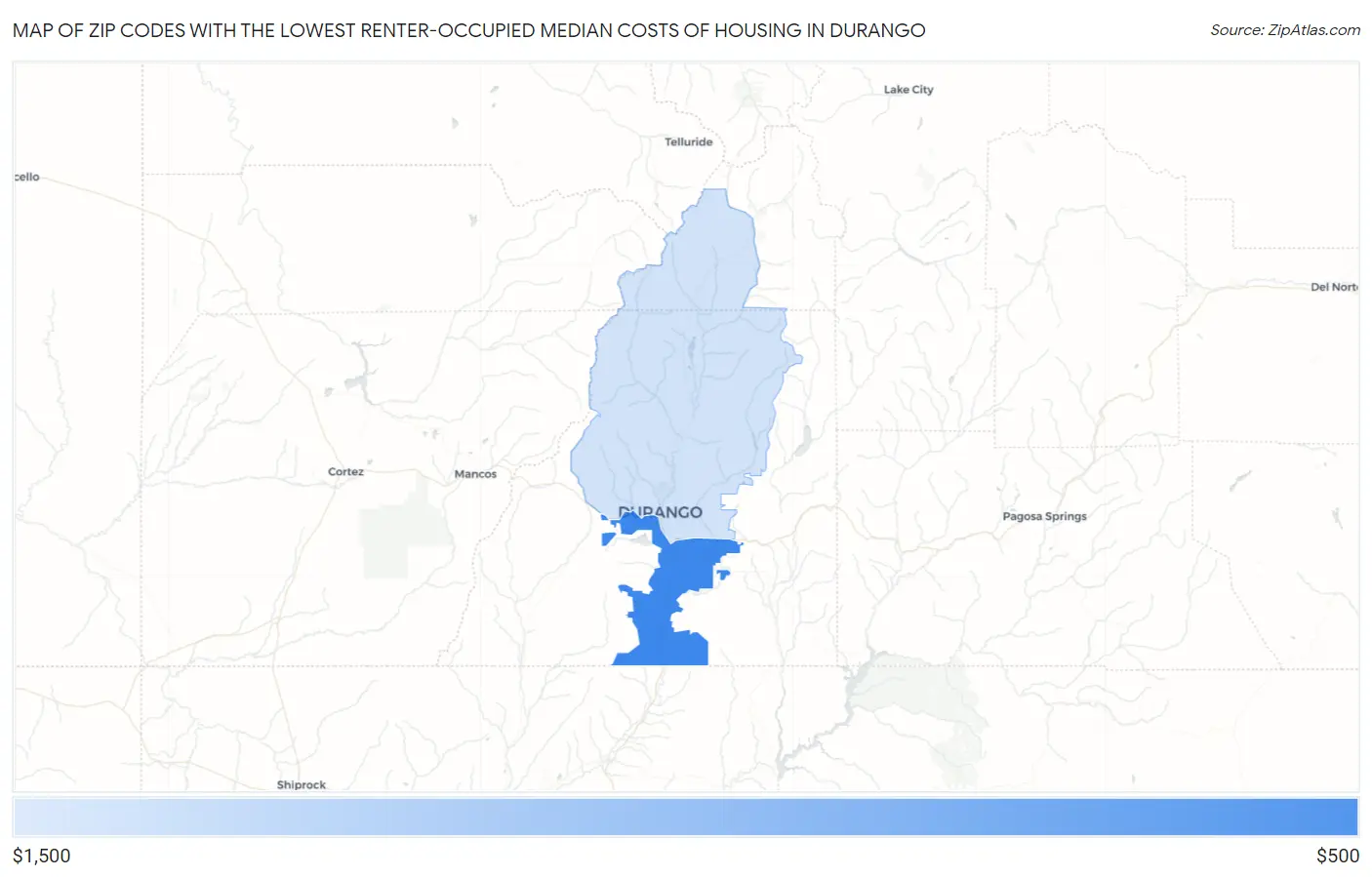 Zip Codes with the Lowest Renter-Occupied Median Costs of Housing in Durango Map