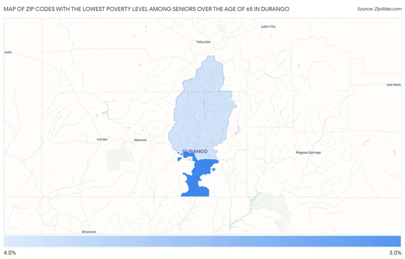 Zip Codes with the Lowest Poverty Level Among Seniors Over the Age of 65 in Durango Map
