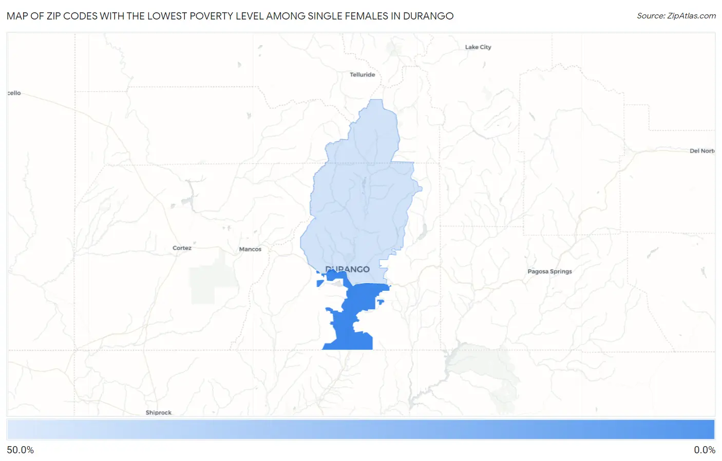Zip Codes with the Lowest Poverty Level Among Single Females in Durango Map
